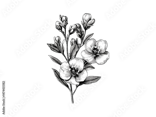 Vintage botanical illustration, hand-drawn waxflower engraving, antique floral sketch, retro garden decor, black sketch, old engraving style, trendy floral art, nature print, botanical print.