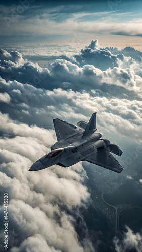 stealth fighter jet soaring above the clouds at high altitude