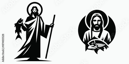 The Jesus Holding a Fish. Christian Clipart silhouette Vector Logo Symbol isolated on white background. Savior clutching marine creature of faith spiritual guidance.
