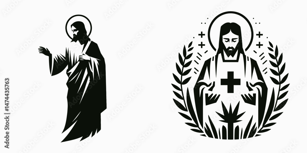 Fototapeta premium The Jesus Healing. Christian Clipart silhouette Vector Logo Symbol isolated on white background. Divine remedy through christ faith wholeness spiritual wellness recovery.