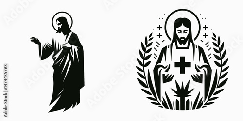 The Jesus Healing. Christian Clipart silhouette Vector Logo Symbol isolated on white background. Divine remedy through christ faith wholeness spiritual wellness recovery.