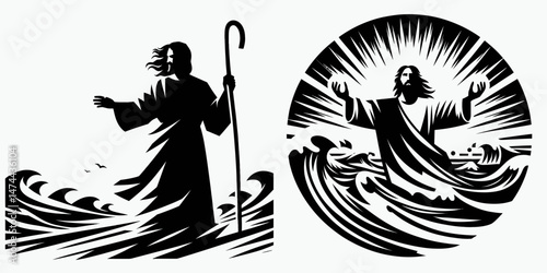 The Jesus Calming Storm. Christian Clipart silhouette Vector Logo Symbol isolated on white background. Deitys intervention celestial serenity amidst tempestuous sea voyage legend.