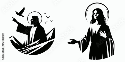 The Jesus Calling People. Christian Clipart silhouette Vector Logo Symbol isolated on white background. Followers embracing faith searching divine connection and guidance.