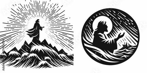 The Jesus Calming Storm. Christian Clipart silhouette Vector Logo Symbol isolated on white background. Divine intervention christs placid control during a violent sea tempest miracle.