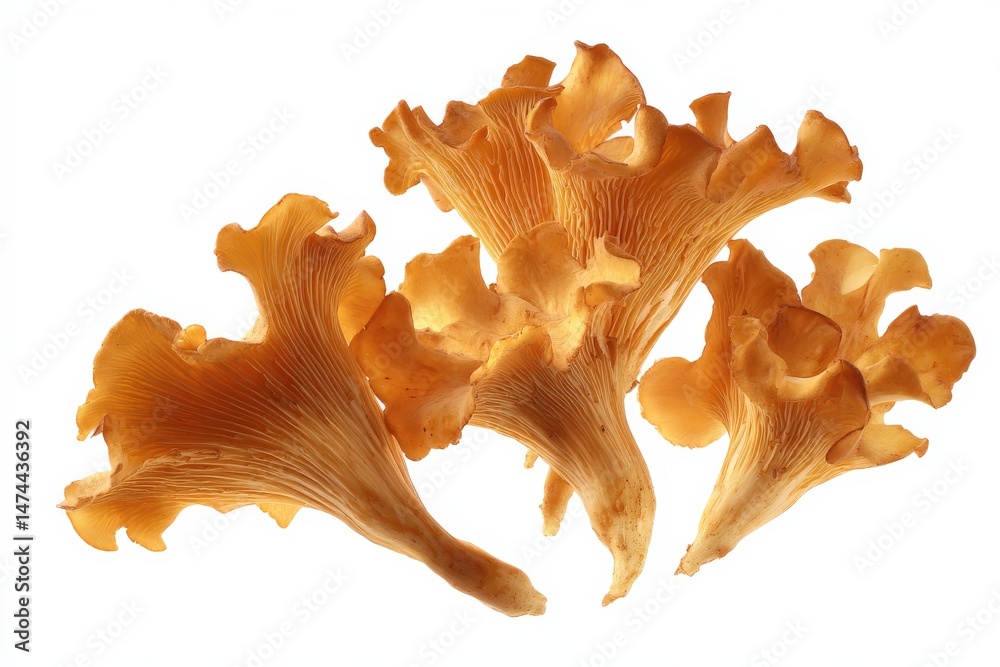 Fototapeta premium Close-up of vibrant orange chanterelle mushrooms against a white background.