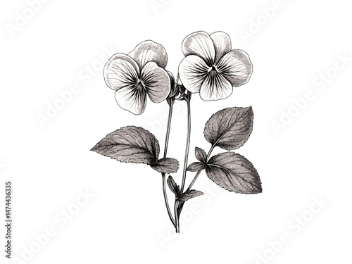 Rustic hand-drawn violet flower, antique floral sketch, black botanical engraving, vintage wild bloom art, old style print, trendy nature decor, engraved flower drawing, retro flora design