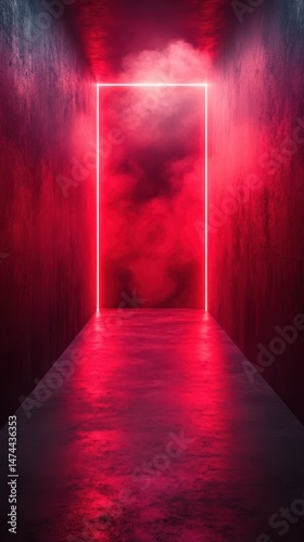 Mysterious red-lit corridor with fog creating an atmosphere of intrigue and suspense in a darkened space