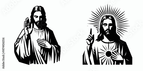 The Jesus Blessing with One Hand. Christian Clipart silhouette Vector Logo Symbol isolated on white background. Divine benediction iconic manual gesture signifying grace favor virtue.