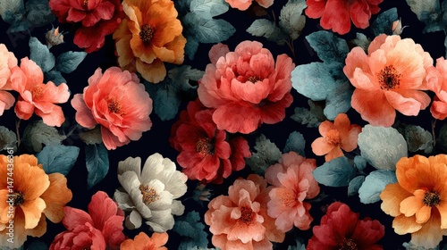 Vibrant, detailed flowers in shades of red, orange, and cream with lush green leaves on a dark background.