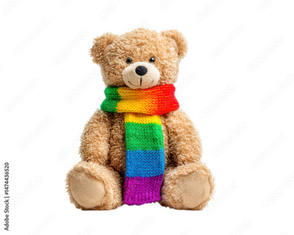 Obraz premium Cuddly bear doll wearing colorful scarf, sitting upright with friendly expression. This adorable plush toy is perfect for gifts and adds cheerful touch to any space