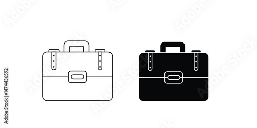Business briefcase vector illustration. Hand-drawn office bag, work satchel, or portfolio icon in doodle style. Black line art isolated on white background.