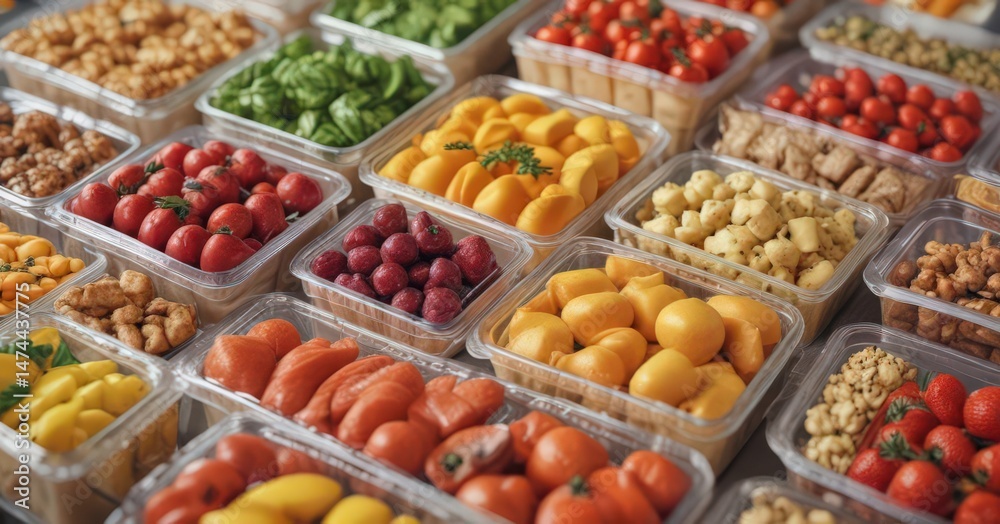 Close-up colorful arrangement of various packaged and fresh foods , blue, meat Close-up colorful arrangement of various packaged and fresh foods , blue, meat