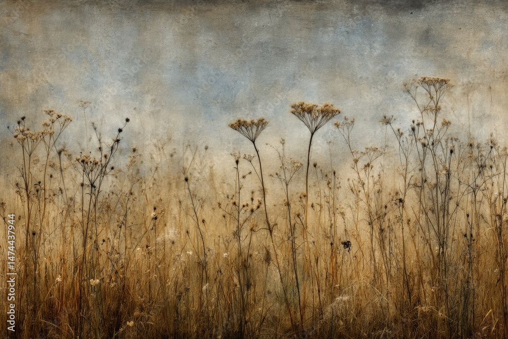 Obraz premium Tall dry wildflowers stand against a textured, muted sky, creating a rustic and serene natural landscape.