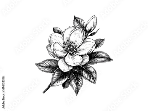 Vintage magnolia illustration, antique botanical engraving, hand-drawn bloom motif, black floral sketch, old-style retro flower print, nature decor artwork,