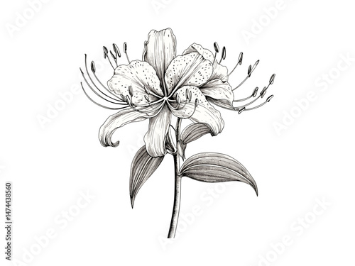 Spider Lily flower sketch, hand-drawn vintage floral art, antique engraving style, trendy botanical decor, old flora illustration, nature print, black ink flower linework