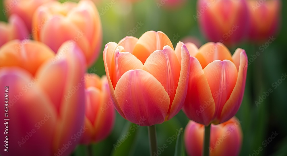 Fototapeta premium Pink tulips in pastel coral tints at blurry background, closeup. Fresh spring flowers in the garden with soft sunlight