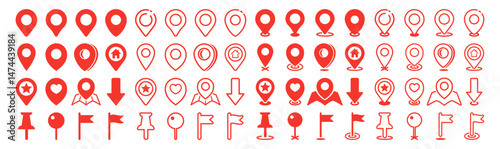 Red Map Pin and Location Icons Set. GPS Pointer, Address Symbol, Flat and Outline Vector Collection for Navigation and Maps Isolated on Transparent