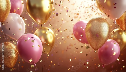 Pink and gold balloons with falling confetti against a gradient background.