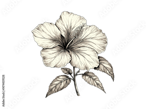 Retro engraving of hibiscus flower, hand-drawn vintage botanical sketch, antique decor, floral petals, trendy hibiscus bloom illustration, black sketch, vintage flora.