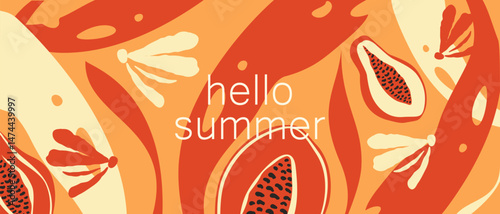 Hello summer. Background with fruits, tropical leaves. Vector illustration.