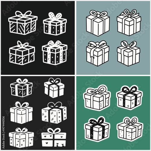 Vector art depicting gifts, displayed in a four-panel grid with varying backgrounds.