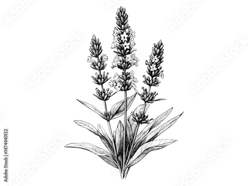 Lavender Flower Botanical Engraving, vintage floral sketch, trendy bloom, lavender aroma, retro plant illustration, old style floral art, black engraving, botanical decor, flora design.