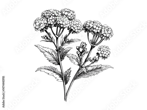 Tansy Bloom vintage print, antique engraving, hand-drawn floral art, retro botanical sketch, flora decor, black sketch, engraving-style drawing, trendy nature design, vintage illustration.