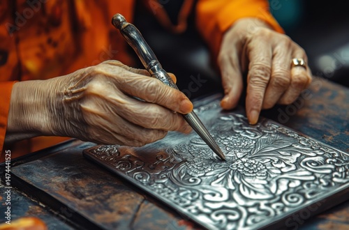 Master silversmith engraving fine patterns on jewelry
