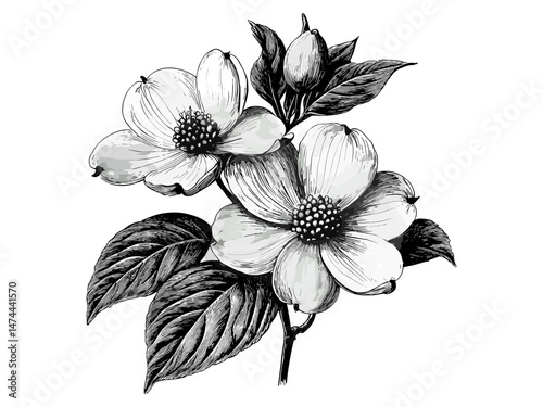 Hand-drawn Dogwood flower sketch, vintage botanical engraving, antique decor, retro flora, trendy floral illustration, nature bloom art, spring botanical print, classic floral artwork