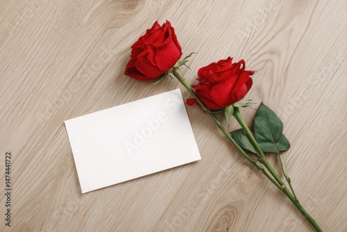 Two red roses beside a blank card on a light wooden surface