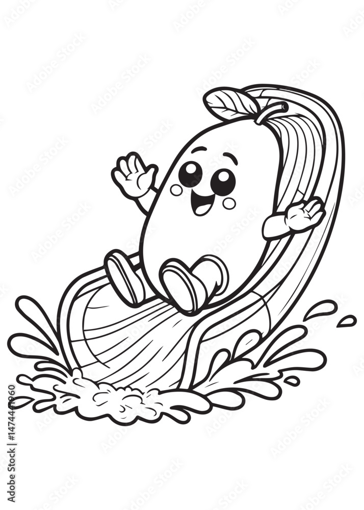 Coloring book mango sliding down a water slide with fun splashes Coloring book mango sliding down a water slide with fun splashes