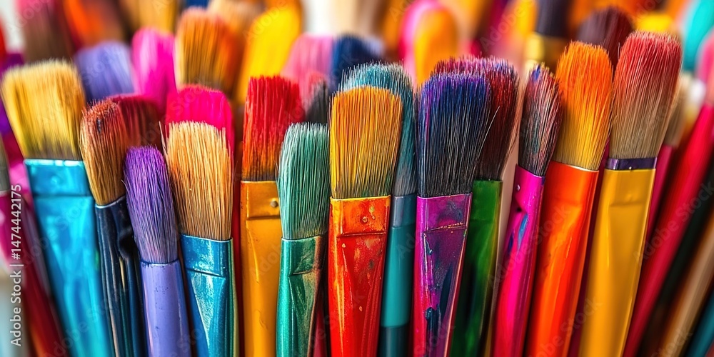 Fototapeta premium Paintbrushes with multicolored paint-dipped bristles aligned in rows.