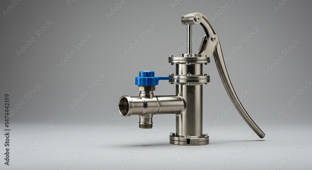 Fototapeta premium A silver and blue valve is on a gray surface
