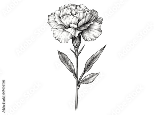 Carnation flower stem vintage engraving, botanical hand-drawn sketch, antique retro style, black illustration, floral artwork for trendy home interiors, vintage decor for stylish rooms