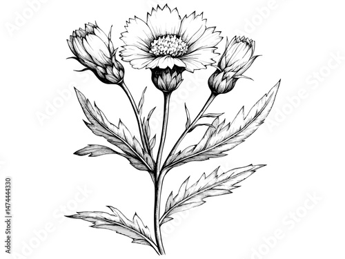 Vintage engraving of cornflower bloom, hand-drawn floral sketch, antique botanical illustration, rustic wildflower garden motif, trendy engraved decor, black sketch, old engraving style.
