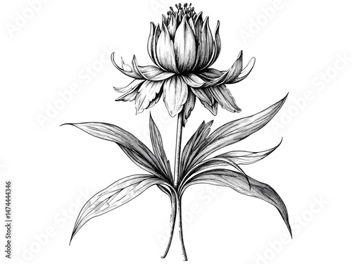 Vintage crown imperial flower engraving, botanical sketch illustration, antique floral decor, retro garden bloom, trendy black sketch, old engraving style, floral art print, classic botanical design