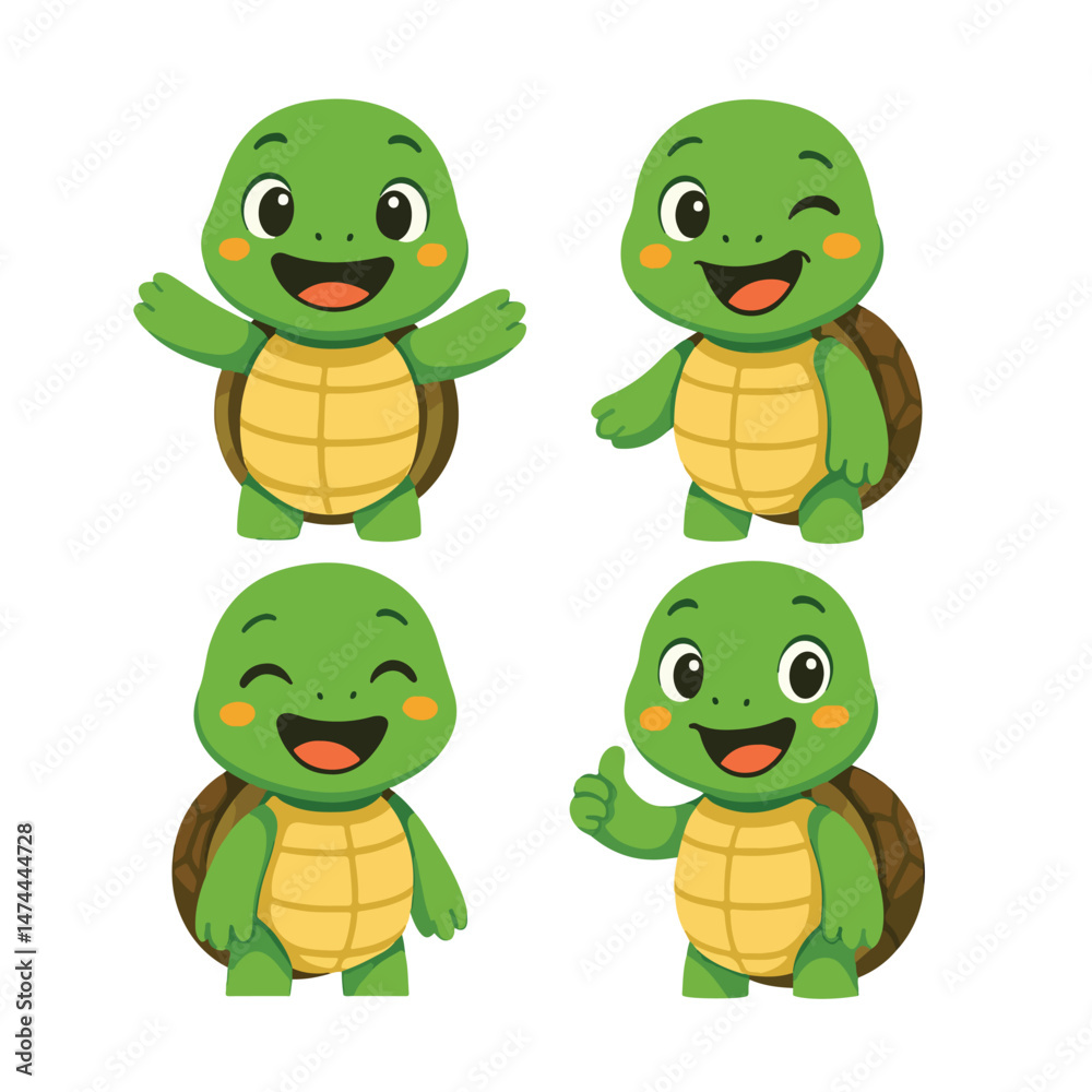Obraz premium A delightful set of four cartoon turtle illustrations featuring a green turtle with a yellow shell and cheerful facial expressions.