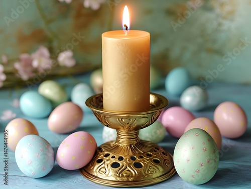 A beautifully decorated Easter candle placed in a golden holder, surrounded by pastel-colored egg ornaments