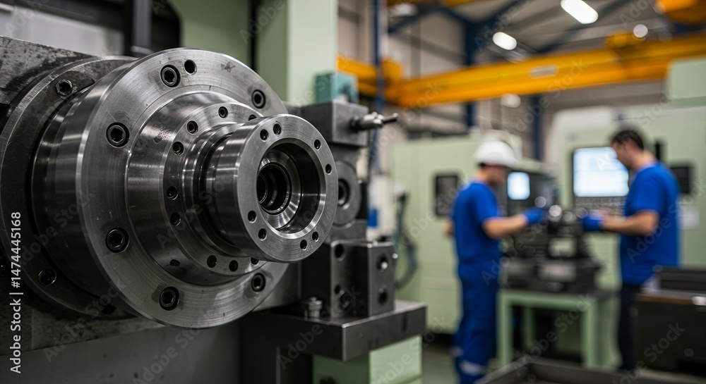 Fototapeta premium A man in a blue shirt is working on a machine with a man in a white helmet