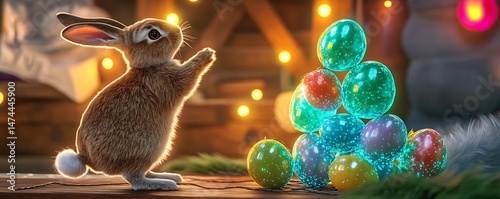 A bunny standing on its hind legs near a stack of glowing translucent Easter eggs on a wooden table