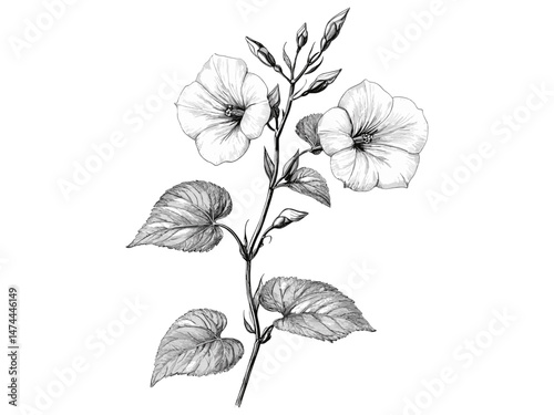 Vintage morning glory vine engraving, hand-drawn botanical sketch, antique floral illustration, trendy decor, old engraving style, black sketch, nature decor, vintage art print, classic design