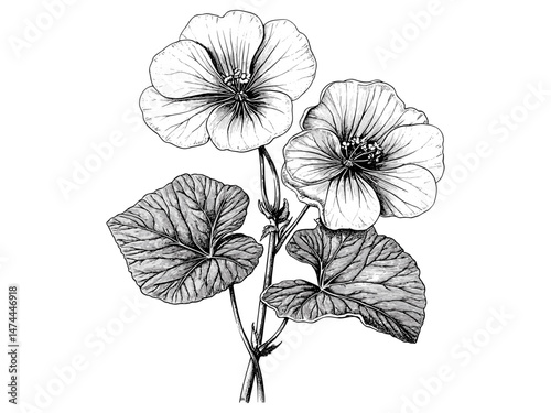 Vintage hand-drawn floral sketch of nasturtium flower, antique botanical illustration, engraved garden bloom print, rustic nature motif, trendy black sketch, old engraving style, botanical art