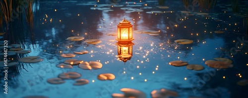 A glowing lantern floating in a still pond, surrounded by lily pads, reflecting the starry night sky, soft blue and gold tones