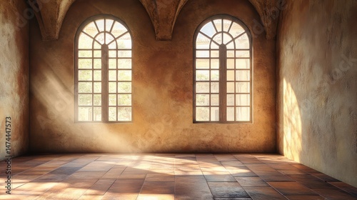 Empty room with arched windows and sunlight