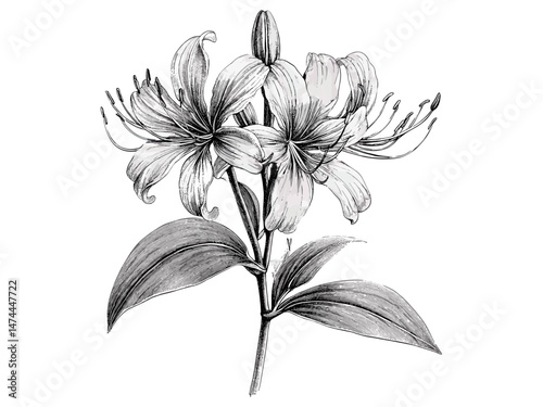 Vintage spider lily flower engraving, hand-drawn botanical sketch, antique decor, retro bloom motif, black floral sketch, trendy engraved design, old-fashioned flower artwork, botanical illustration.