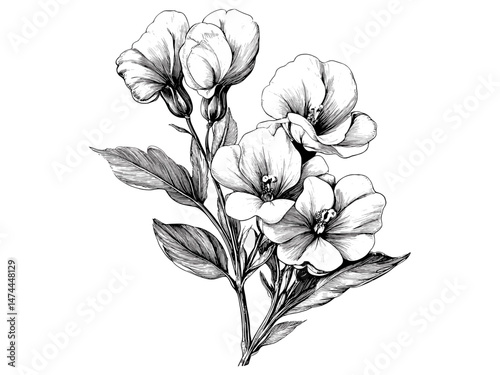 Vintage botanical engraving of sweet pea flower, hand-drawn black sketch, stylish floral illustration, antique garden decor, retro floral print, trendy retro design, antique bloom, vintage style