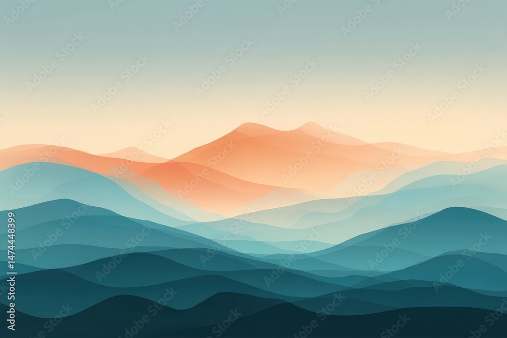 Fototapeta premium Minimalist illustration of layered mountains in soft blue and orange hues under a calm sky.