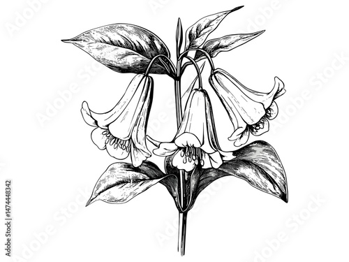 Vintage engraving of Virginia bluebell flower, hand-drawn botanical sketch, antique floral illustration, rustic spring bloom motif, black sketch, old engraving style, trendy decor, floral art
