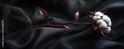 A minimalist composition featuring a lone cotton flower on a dark fabric