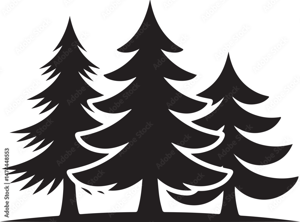 Obraz premium Pine Trees black silhouette with layered branches, showcasing nature and tranquility in a minimalist vector design
